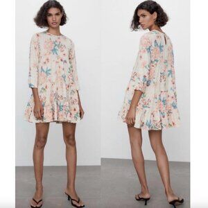 New Zara The Sharon Ecru Floral Babydoll Tiered Mini Dress Cream/Pink XS